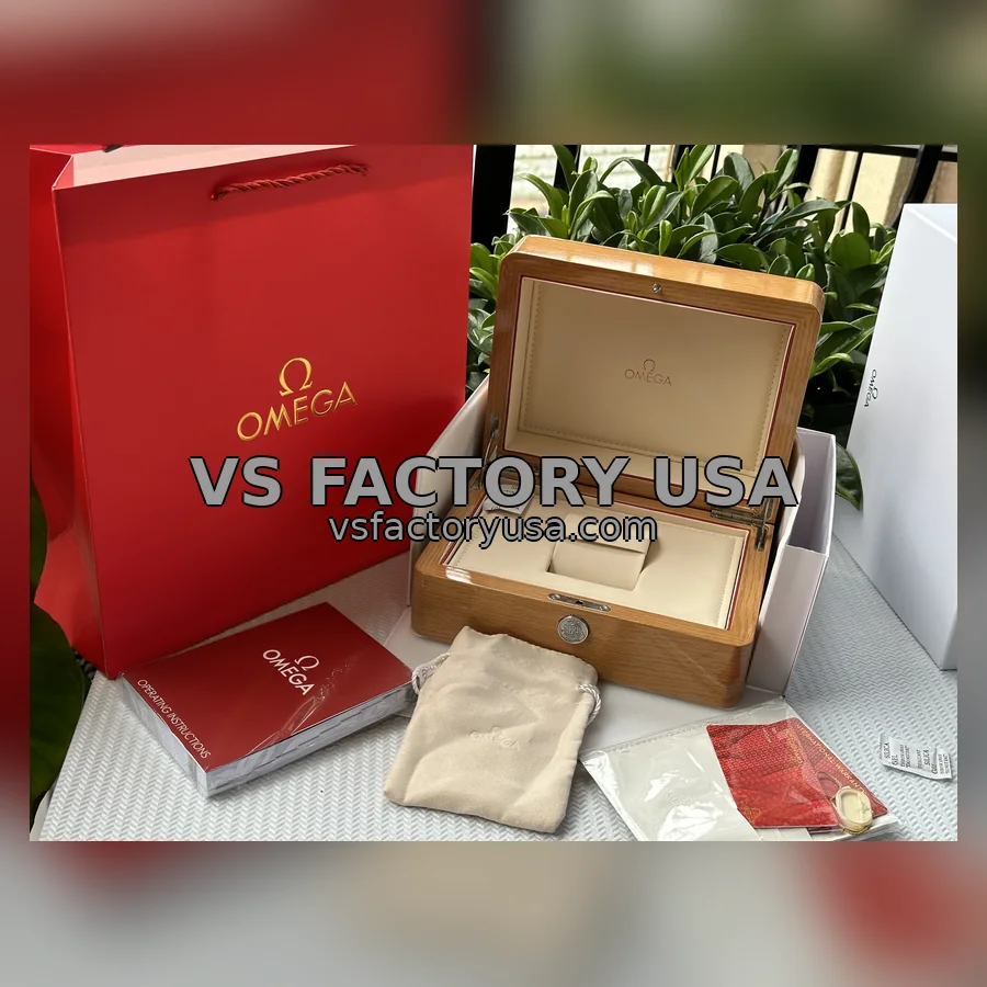 Omega wooden box with red bag, booklet and pictogram card