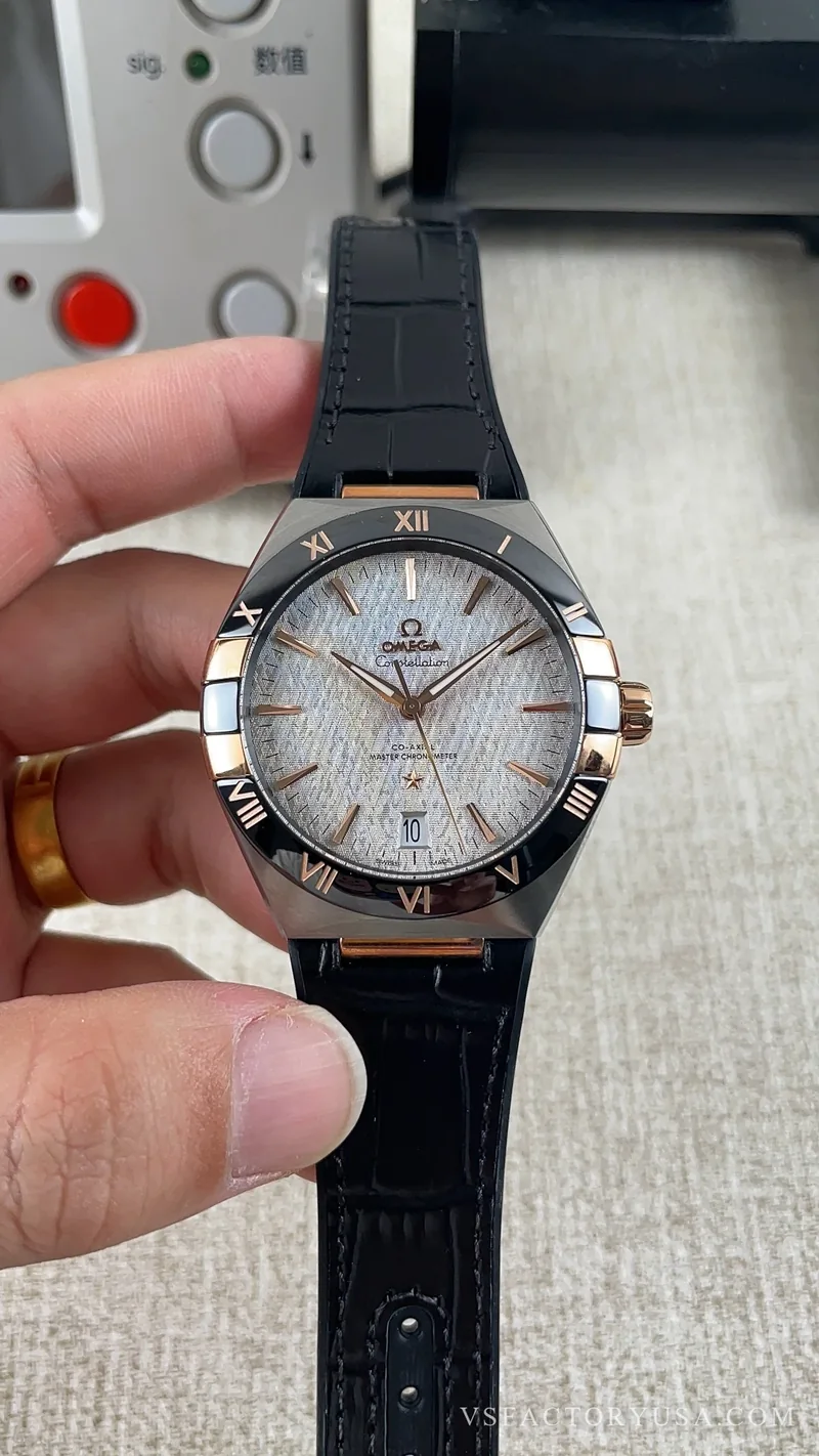 Omega Constellation 41mm Two-Tone Sedna Gold Black Ceramic Bezel Silk Dial 1:1 Super Clone