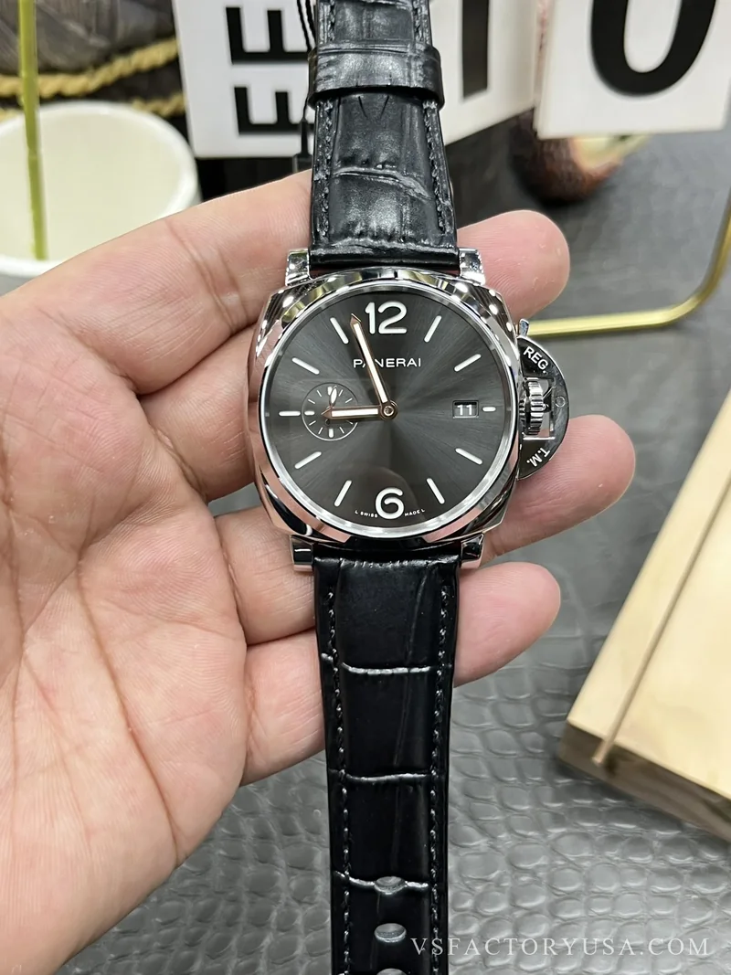 Panerai Luminor Due 42mm Grey Dial Black Leather Strap Smooth Bezel 1:1 Super Clone
