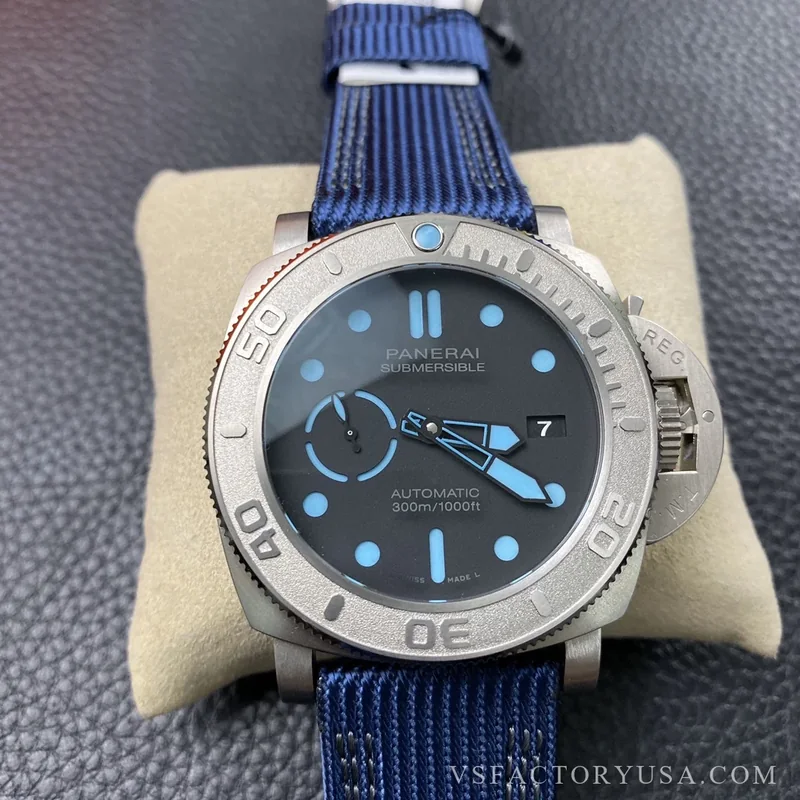 Panerai Submersible 47mm Black Dial Blue Luminous Dots, Indexes, and Skeletonized Hands Titanium Bezel Blue Fabric Strap 1:1 Super Clone