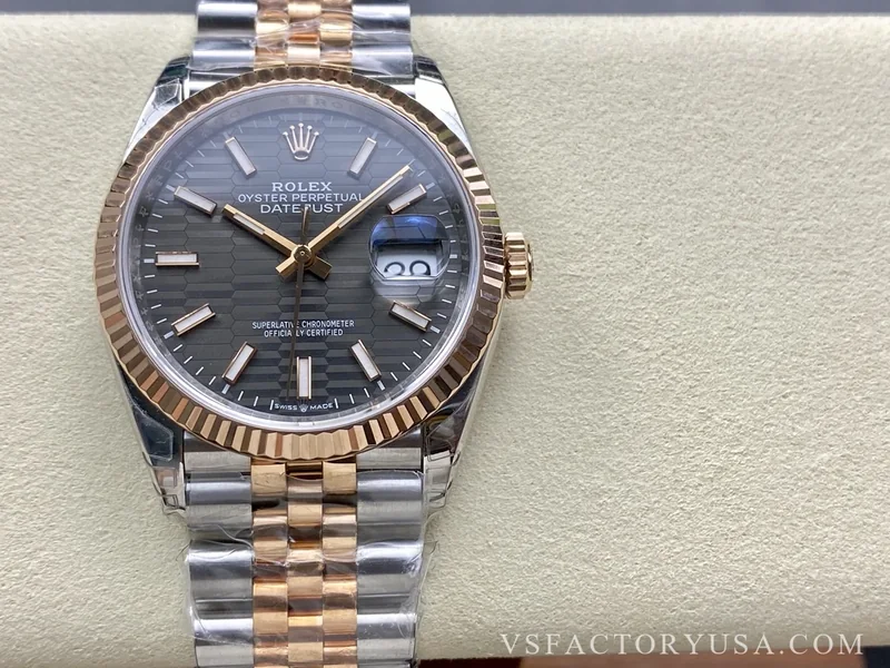 Rolex Datejust 36mm Slate Grey Fluted Motif Dial Fluted Bezel Two-Tone Rose Gold Jubilee Bracelet 1:1 Super Clone