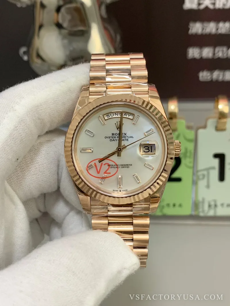 Rolex Day-Date 40 Everose Gold White Baguette Diamond Dial 1:1 Super Clone