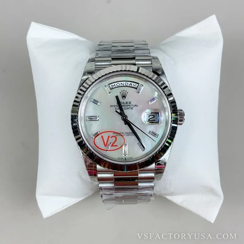 Rolex Day-Date 40 White Mother of Pearl Baguette Diamond Dial 1:1 Super Clone