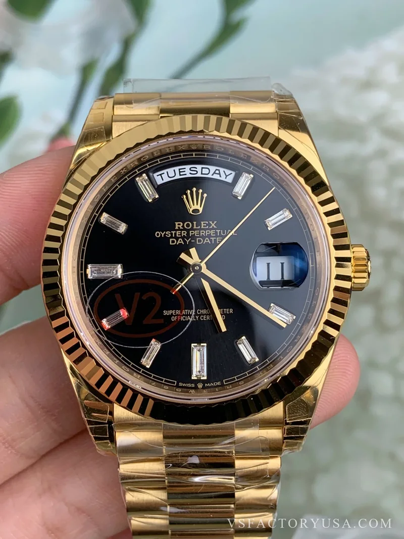Rolex Day-Date 40 Yellow Gold Black Baguette Diamond Dial 1:1 Super Clone