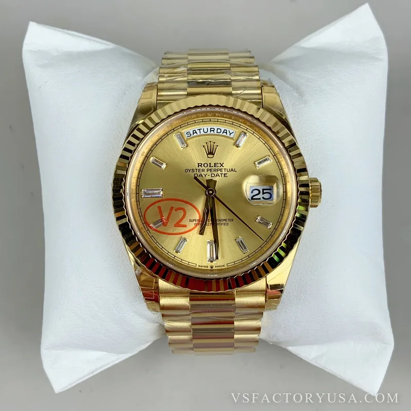 Rolex Day-Date 40 Yellow Gold Champagne Baguette Diamond Dial 1:1 Super Clone