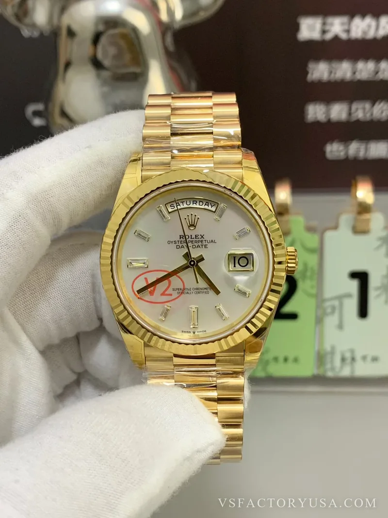 Rolex Day-Date 40 Yellow Gold White Baguette Diamond Dial 1:1 Super Clone