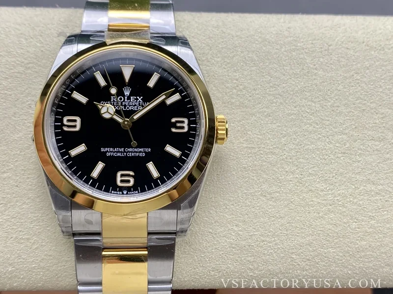 Rolex Explorer 36mm Two-Tone Yellow Gold Black 3-6-9 Dial Smooth Bezel Oyster Bracelet 1:1 Super Clone