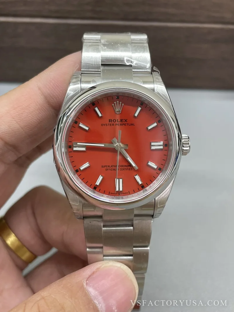 Rolex Oyster Perpetual 36mm Coral Red Dial Smooth Bezel Oyster Bracelet 1:1 Super Clone