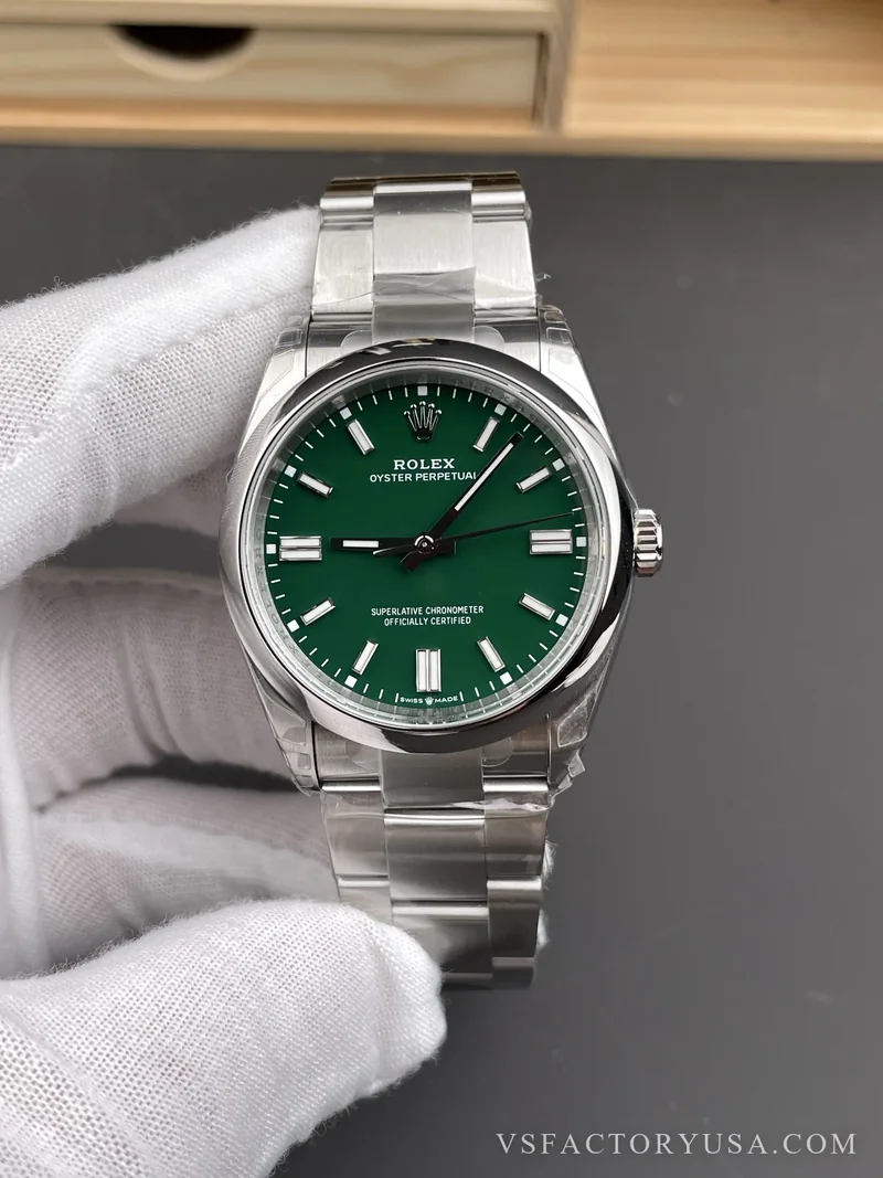 Rolex Oyster Perpetual 36mm Rolex Green Lacquer Dial Smooth Bezel Oyster Bracelet 1:1 Super Clone
