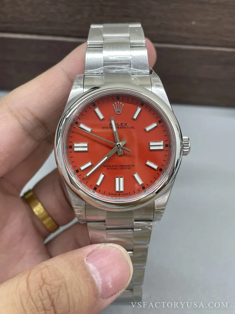 Rolex Oyster Perpetual 41mm Coral Red Dial Smooth Bezel Oyster Bracelet 1:1 Super Clone