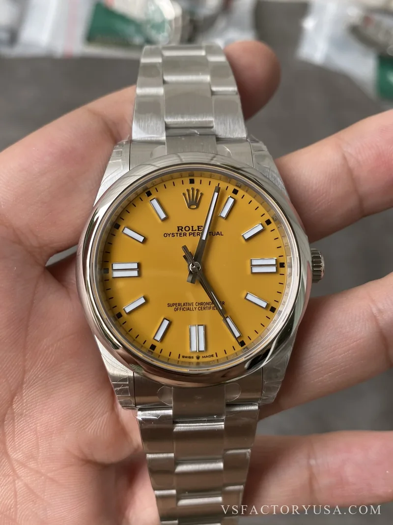 Rolex Oyster Perpetual 41mm Yellow Dial Smooth Bezel Oyster Bracelet 1:1 Super Clone