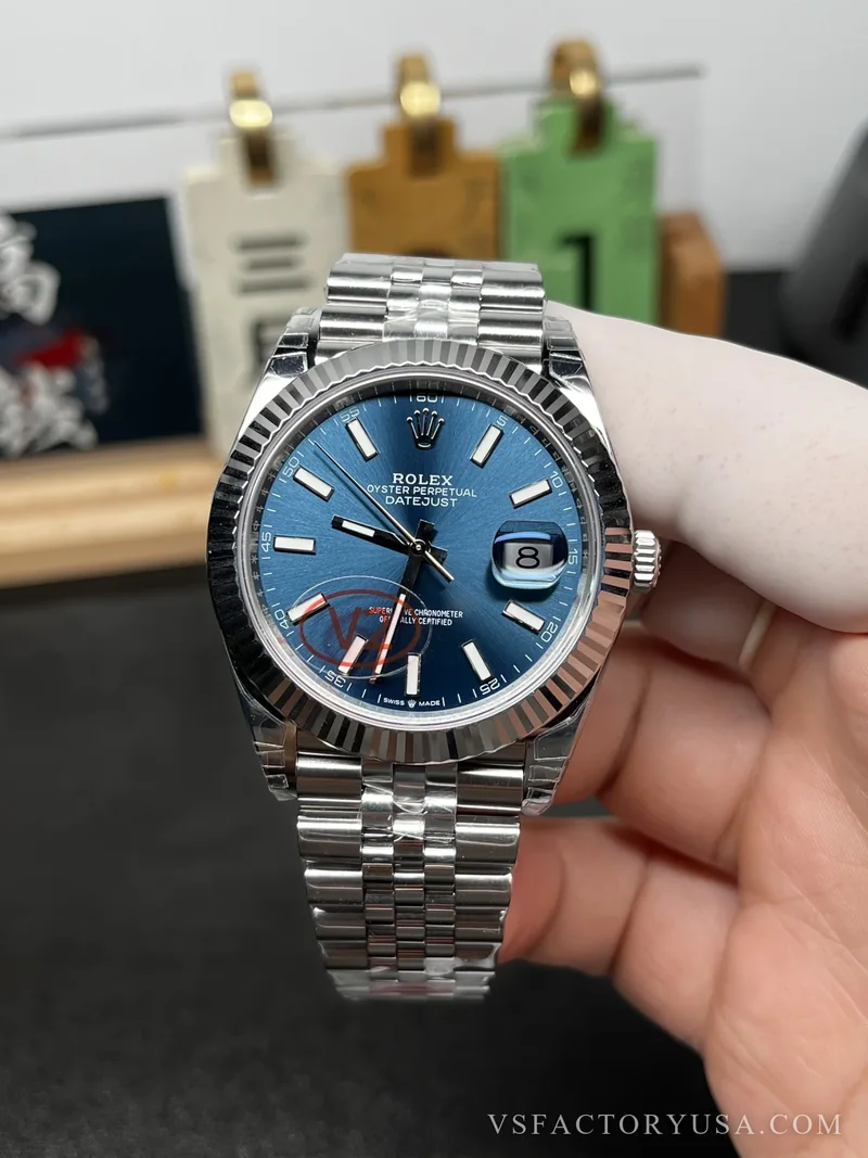 Rolex (V2) Rolex Datejust 41mm Blue Sunburst Dial Fluted Bezel Jubilee Bracelet 1:1 Super Clone