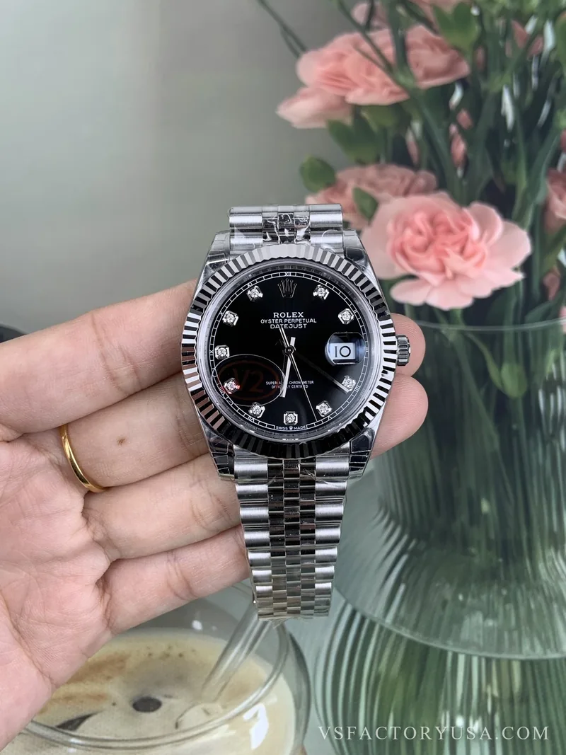 Rolex (V2) Rolex Datejust 41mm Deep Black Diamond Dial Fluted Bezel Jubilee Bracelet 1:1 Super Clone