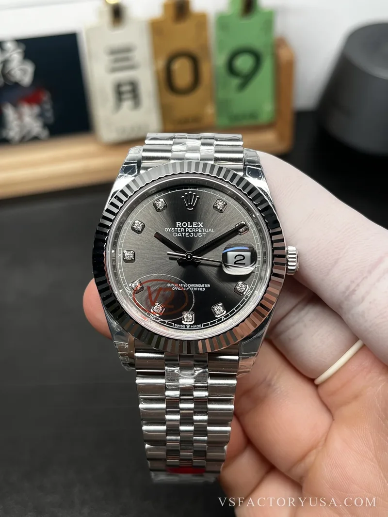 Rolex (V2) Rolex Datejust 41mm Sunburst Slate Grey Diamond Dial Fluted Bezel Jubilee Bracelet 1:1 Super Clone
